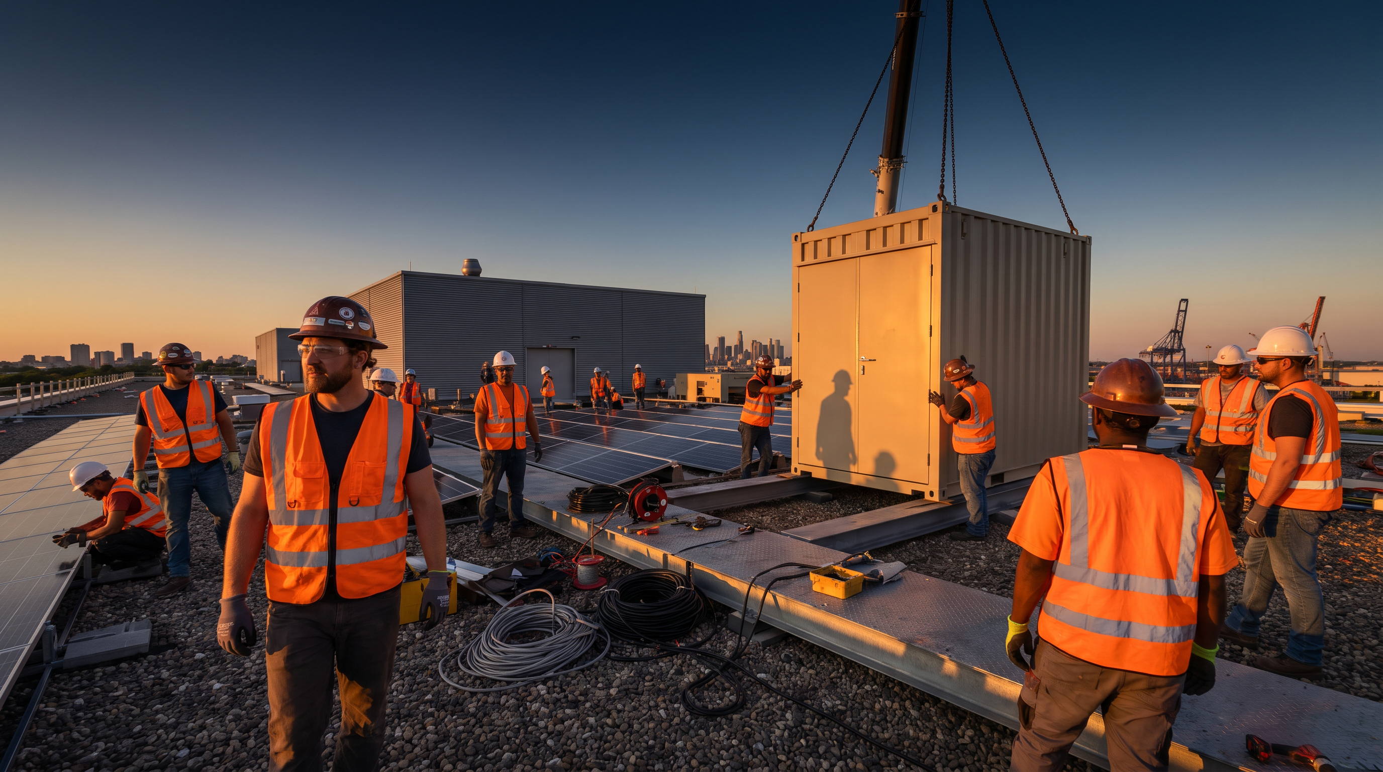 Electrification contractor crew installing rooftop solar panels and a battery storage unit at sunset